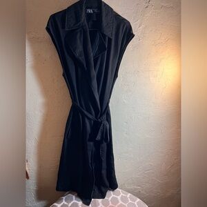 Zara Black Collared Mini Dress M trench duster wrap pockets